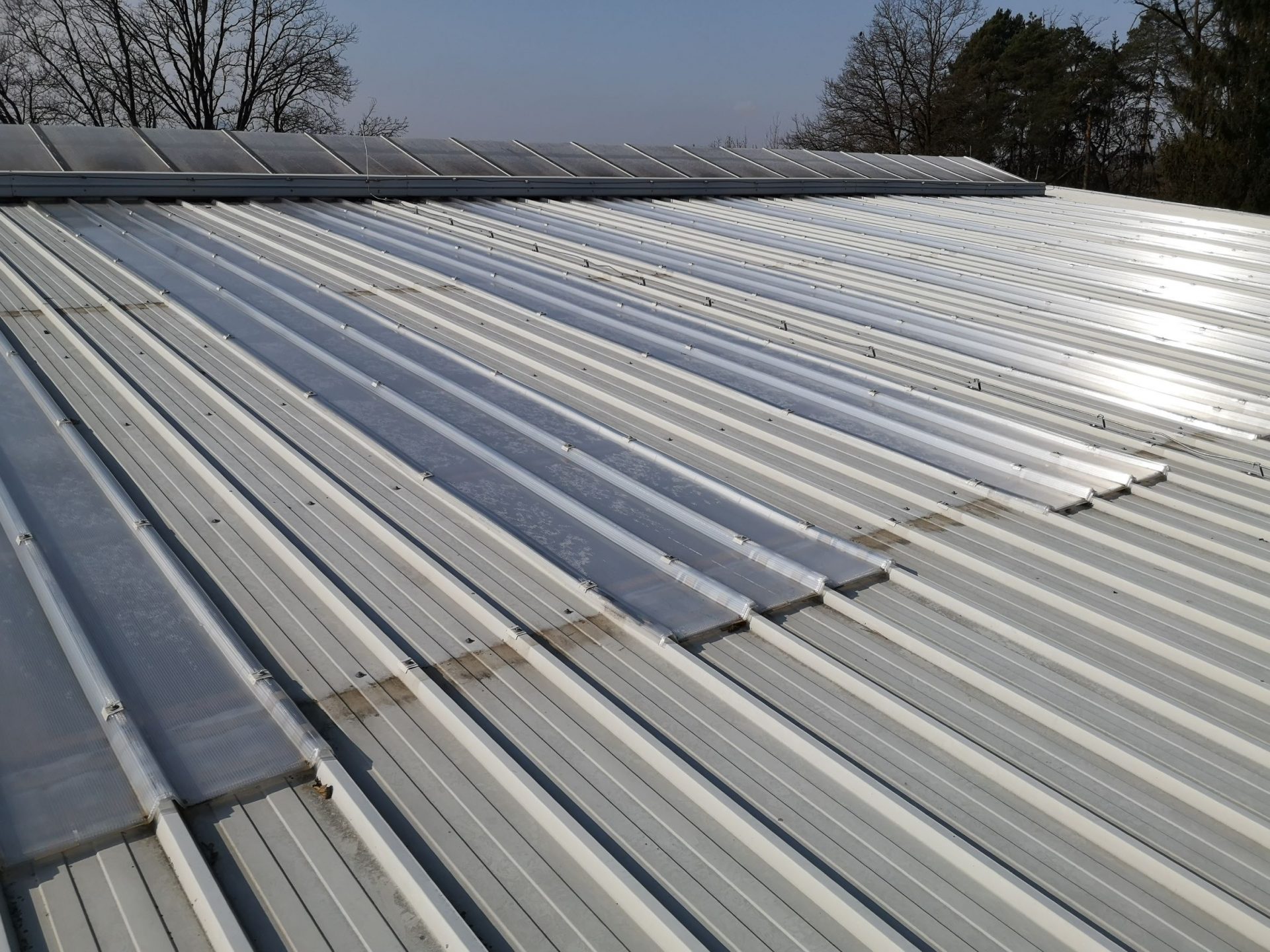 Transparente Polycarbonat-Lichtbänder auf einem Industriedach